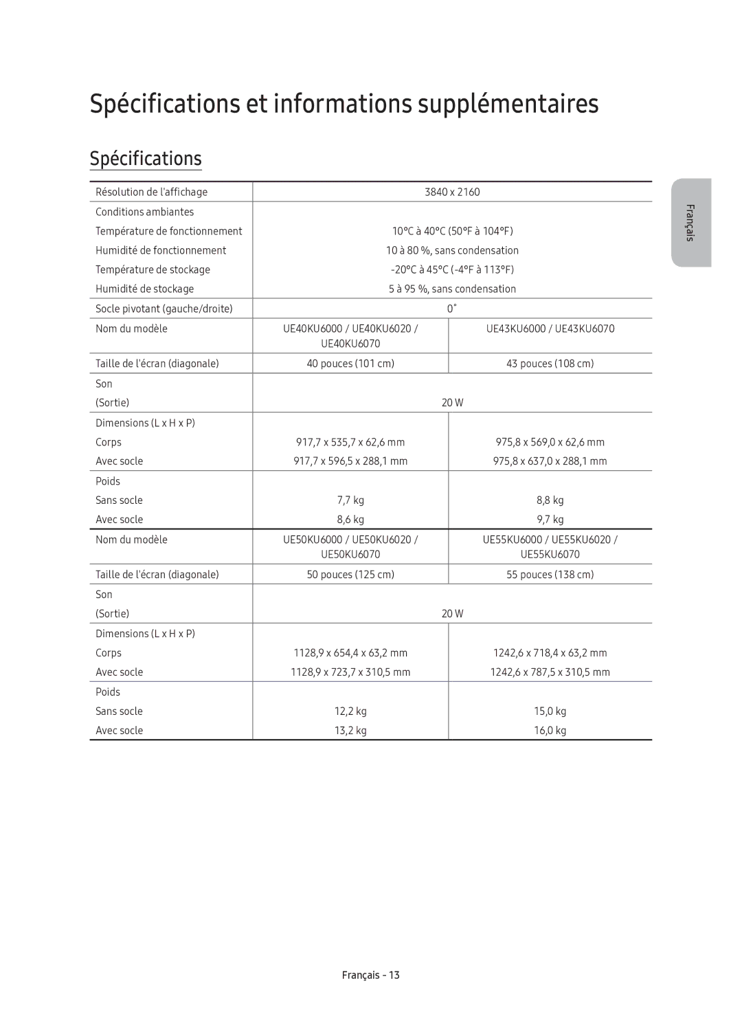 Samsung UE60KU6020KXXC manual Spécifications et informations supplémentaires 