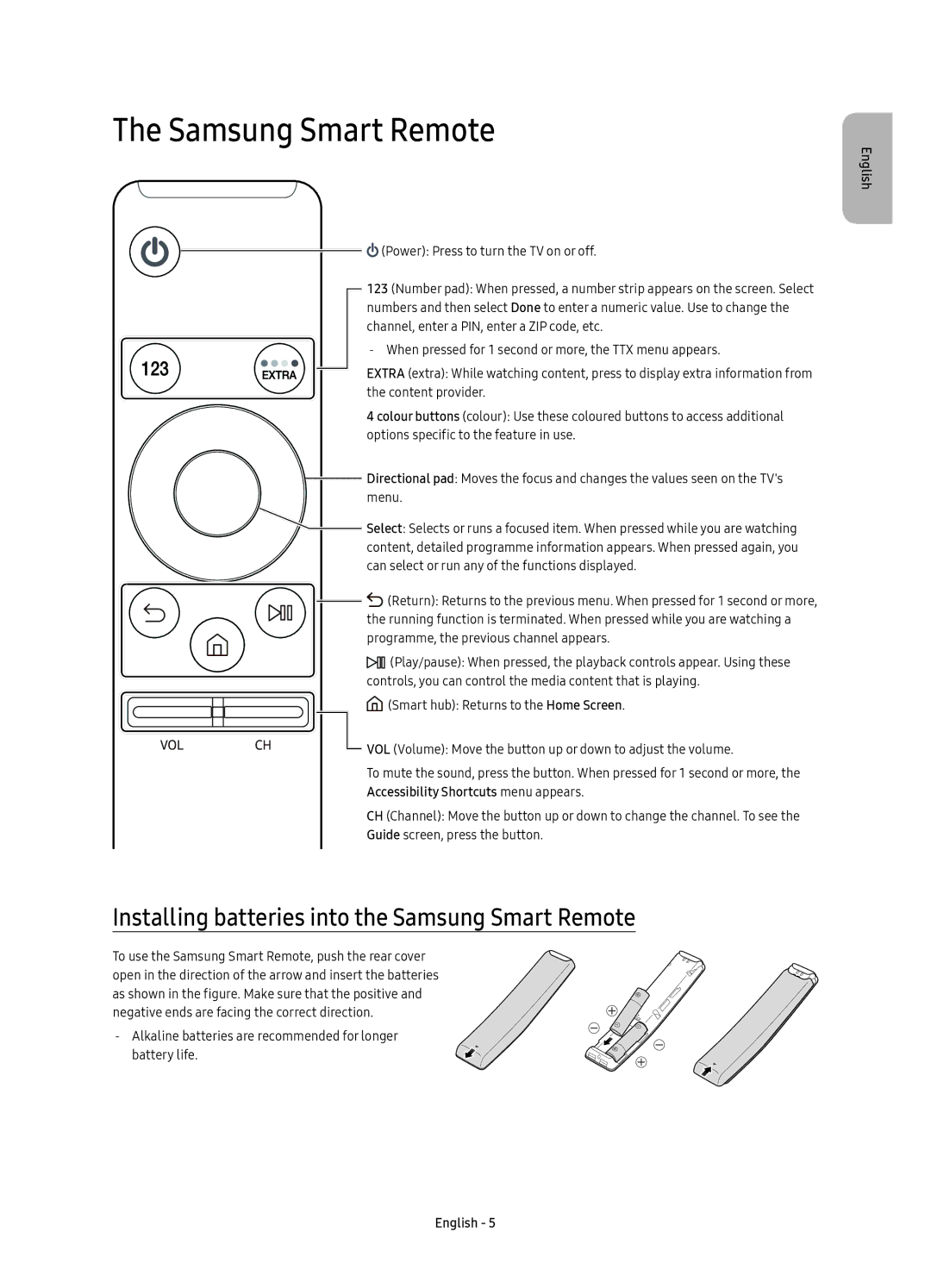 Samsung UE60KU7000UXSQ, UE55KU7000UXSQ, UE40KU7000UXSQ manual Installing batteries into the Samsung Smart Remote 