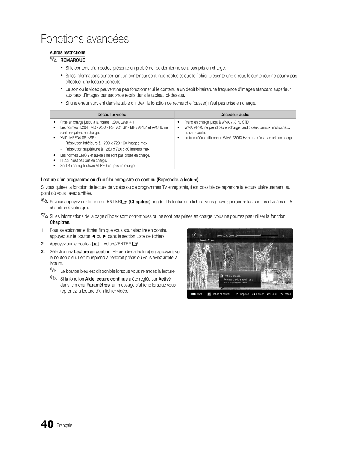 Samsung UE65C8000XWXXH, UE65C8000XWXXC manual Appuyez sur le bouton Lecture/ENTERE, Autres restrictions Remarque 