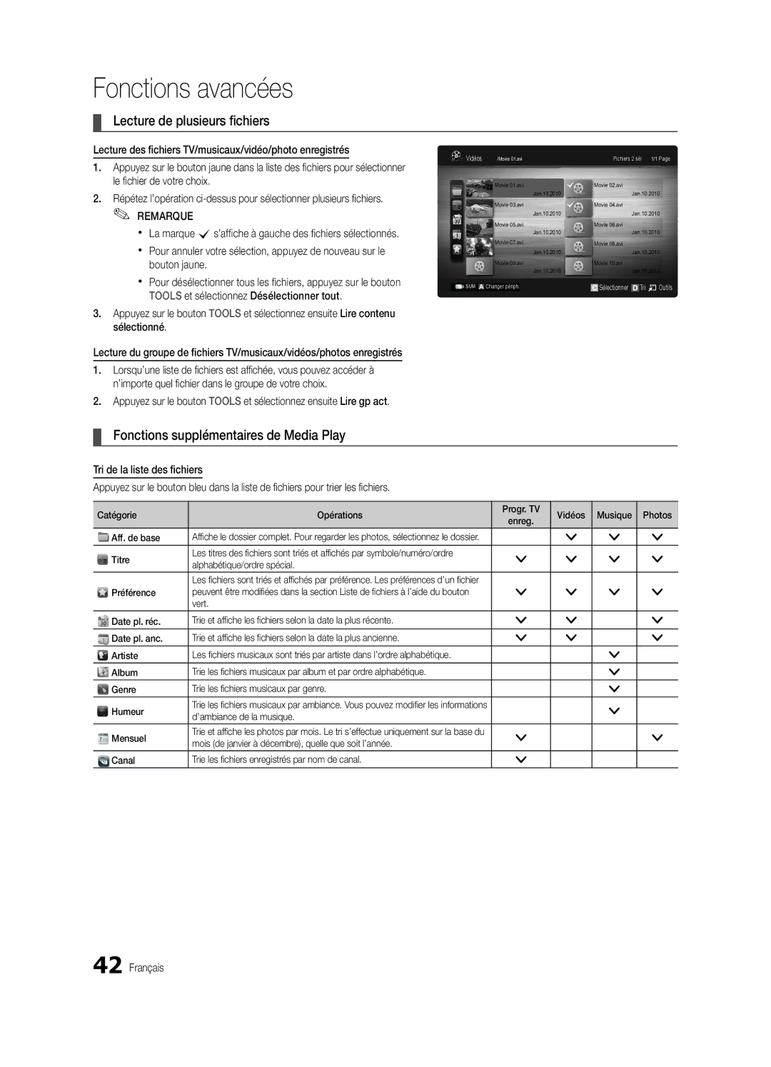 Samsung UE65C8000XWXXH, UE65C8000XWXXC manual Lecture de plusieurs fichiers, Fonctions supplémentaires de Media Play 