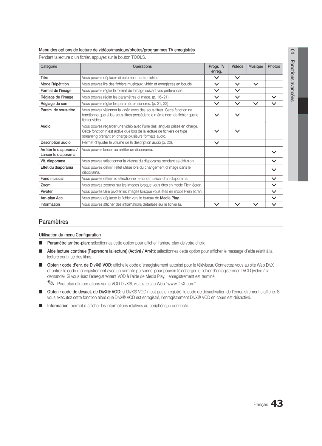 Samsung UE65C8000XWXXC, UE65C8000XWXXH manual Paramètres, Lecture continue des films 