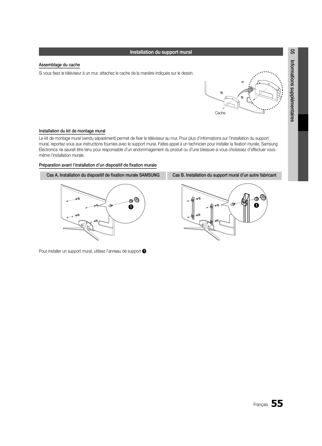 Samsung UE65C8000XWXXC, UE65C8000XWXXH manual Installation du support mural, Cache 