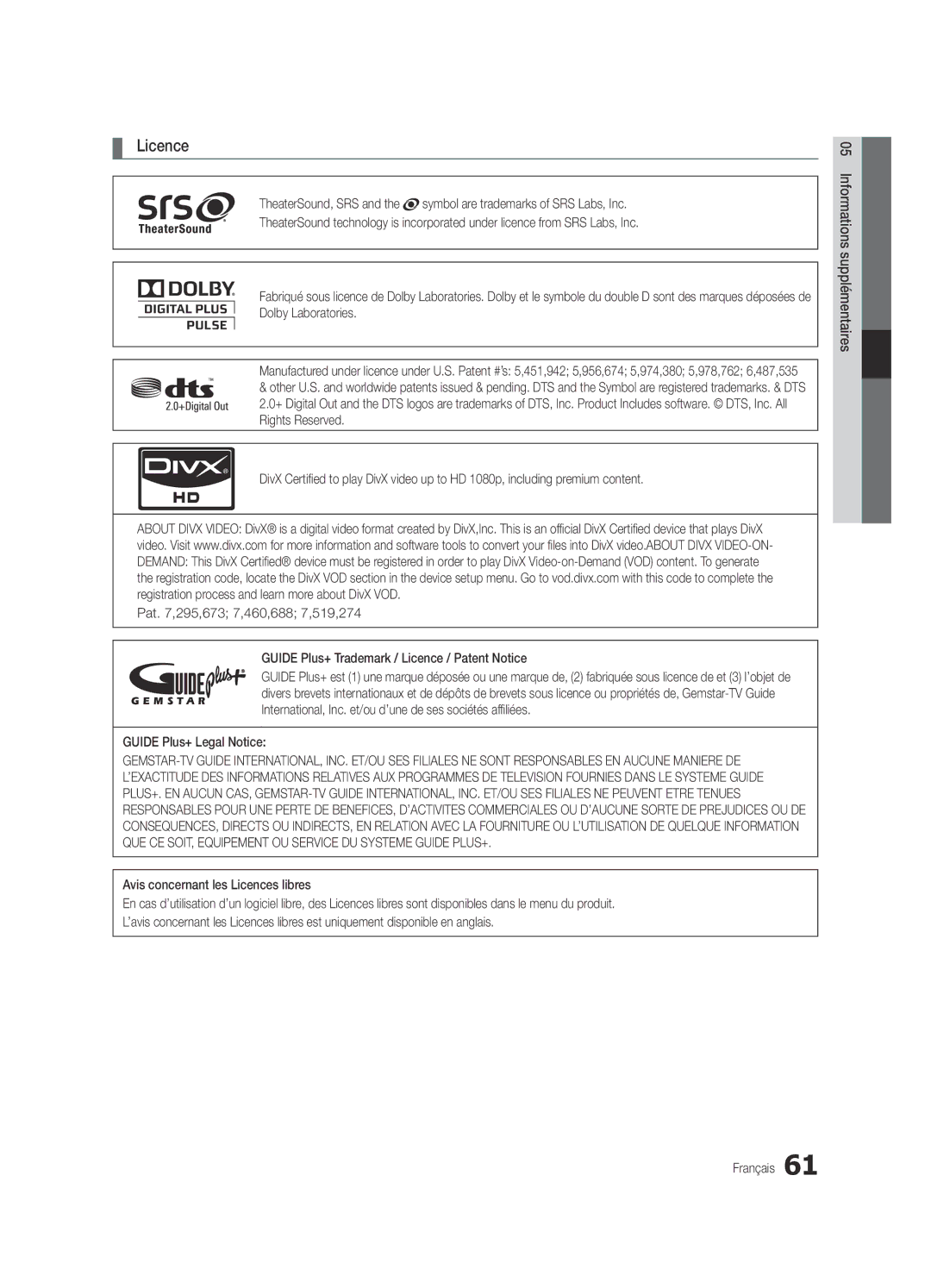 Samsung UE65C8000XWXXC, UE65C8000XWXXH manual Symbol are trademarks of SRS Labs, Inc, That plays DivX, TheaterSound, SRS 