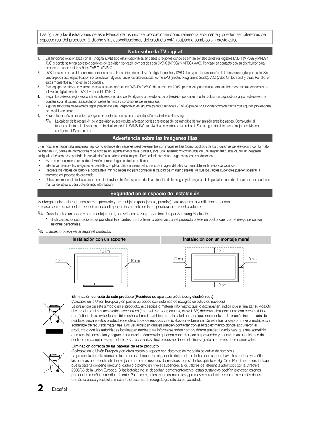 Samsung UE65C8000XWXXH, UE65C8000XWXXC manual Seguridad en el espacio de instalación, Instalación con un soporte, Español 