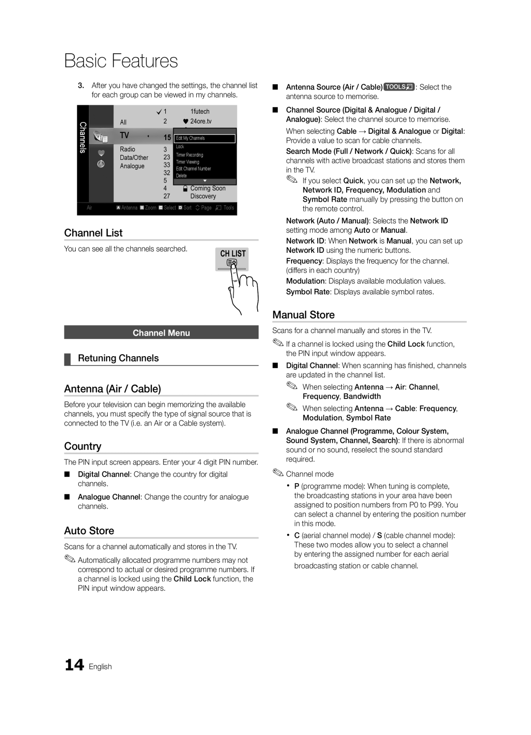Samsung UE65C8000XWXXH, UE65C8000XWXXC manual Channel List, Antenna Air / Cable, Country, Auto Store, Manual Store 