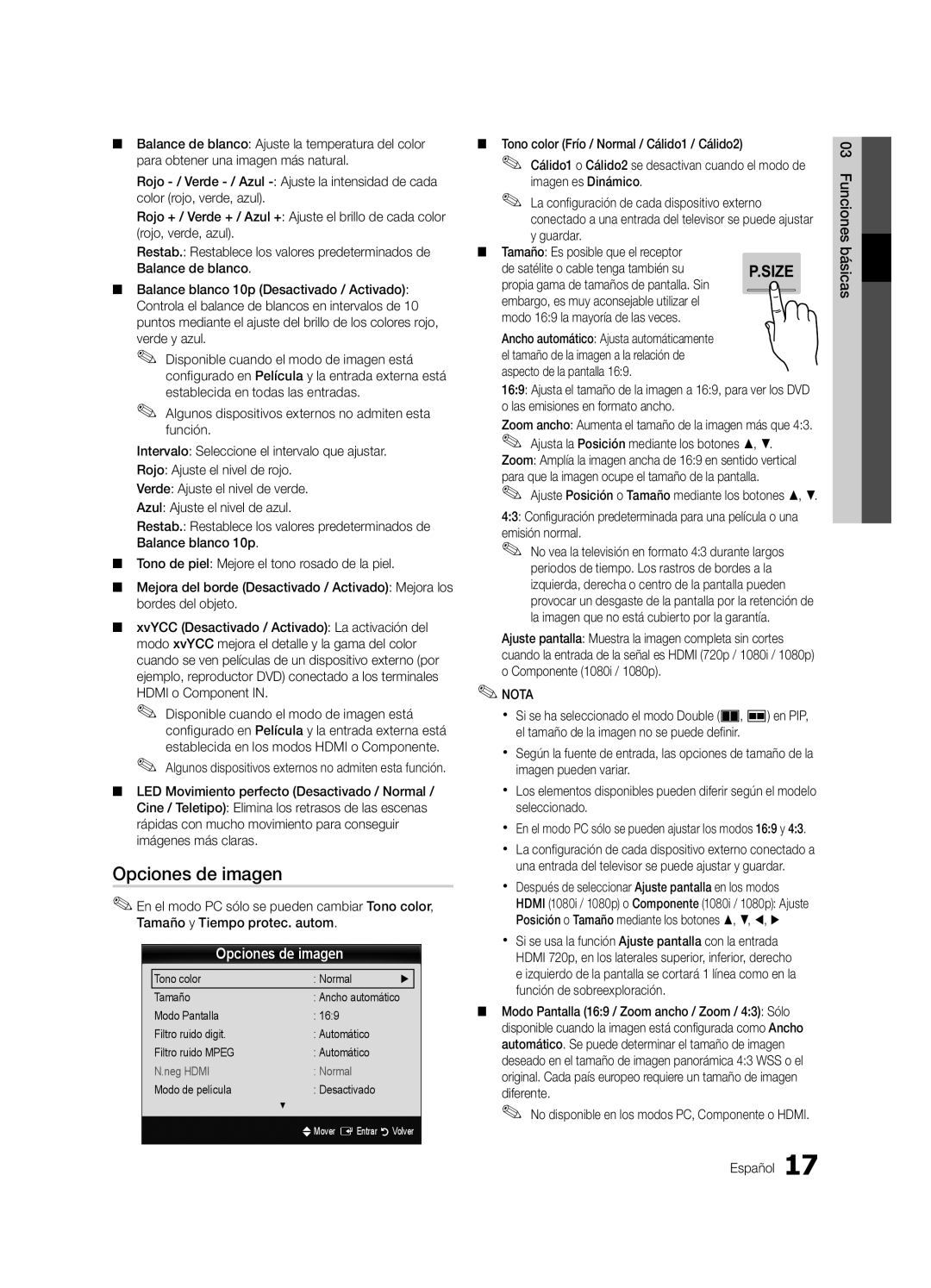 Samsung UE65C8000XWXXC, UE65C8000XWXXH manual Opciones de imagen, Básicas03 Funciones Español 