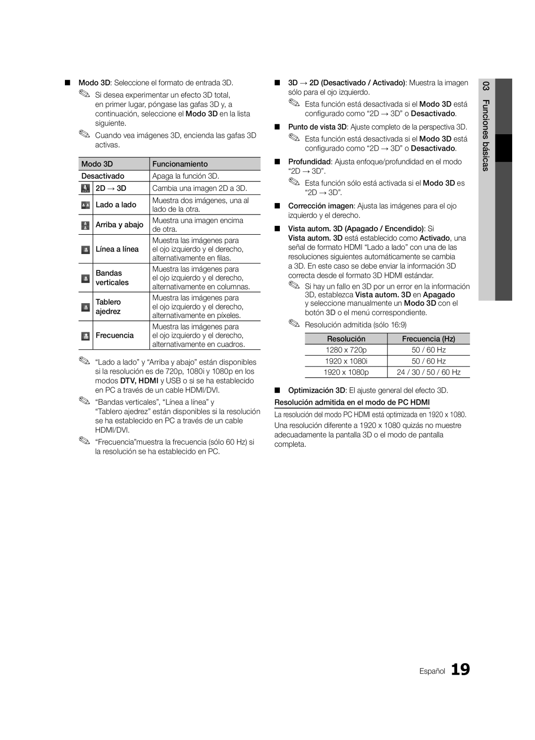 Samsung UE65C8000XWXXC manual 1280 x 720p 1920 x 1920 x 1080p, La resolución del modo PC Hdmi está optimizada en 1920 x 