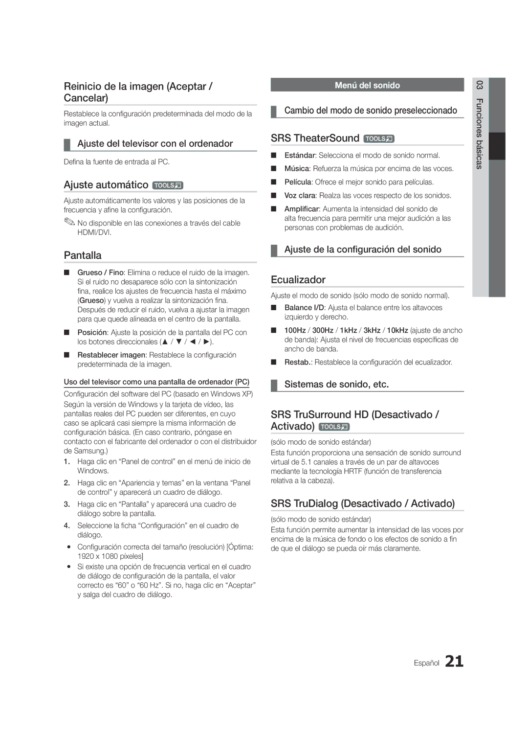 Samsung UE65C8000XWXXC manual Reinicio de la imagen Aceptar / Cancelar, Ajuste automático t, Pantalla, Ecualizador 