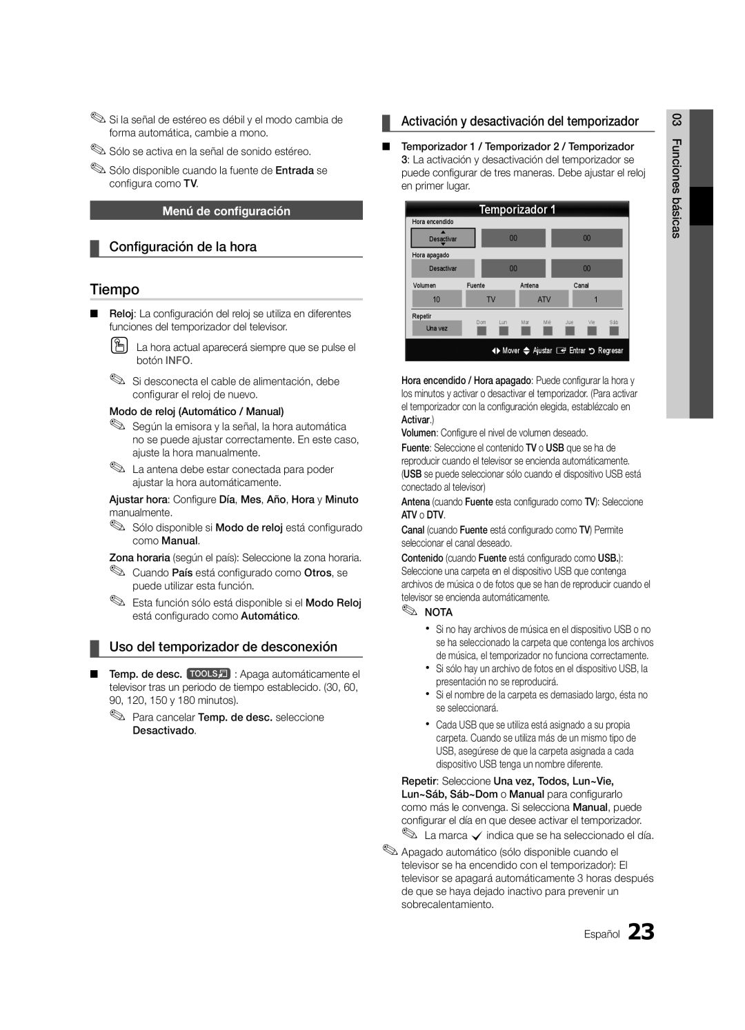 Samsung UE65C8000XWXXC, UE65C8000XWXXH manual Tiempo, Configuración de la hora, Uso del temporizador de desconexión 