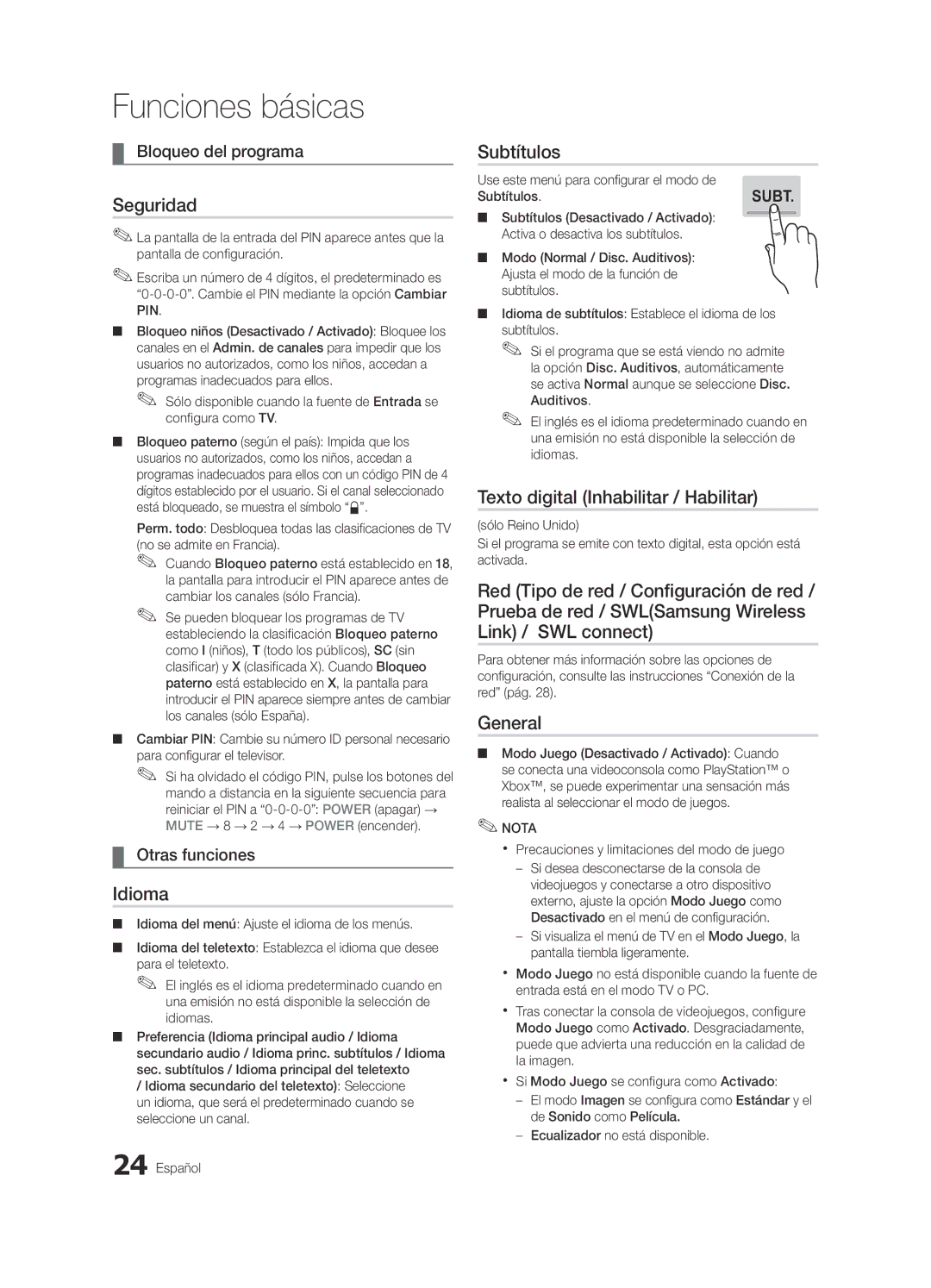 Samsung UE65C8000XWXXH manual Seguridad, Idioma, Subtítulos, Texto digital Inhabilitar / Habilitar, Bloqueo del programa 