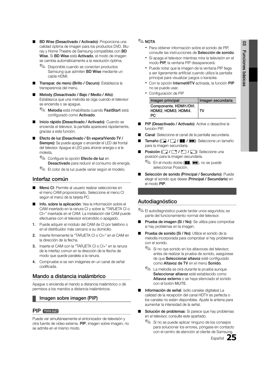 Samsung UE65C8000XWXXC manual Interfaz común, Mando a distancia inalámbrico, Autodiagnóstico, Imagen sobre imagen PIP 