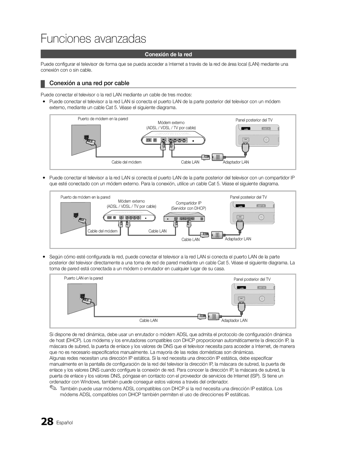 Samsung UE65C8000XWXXH, UE65C8000XWXXC manual Conexión a una red por cable, Conexión de la red, Puerto de módem en la pared 