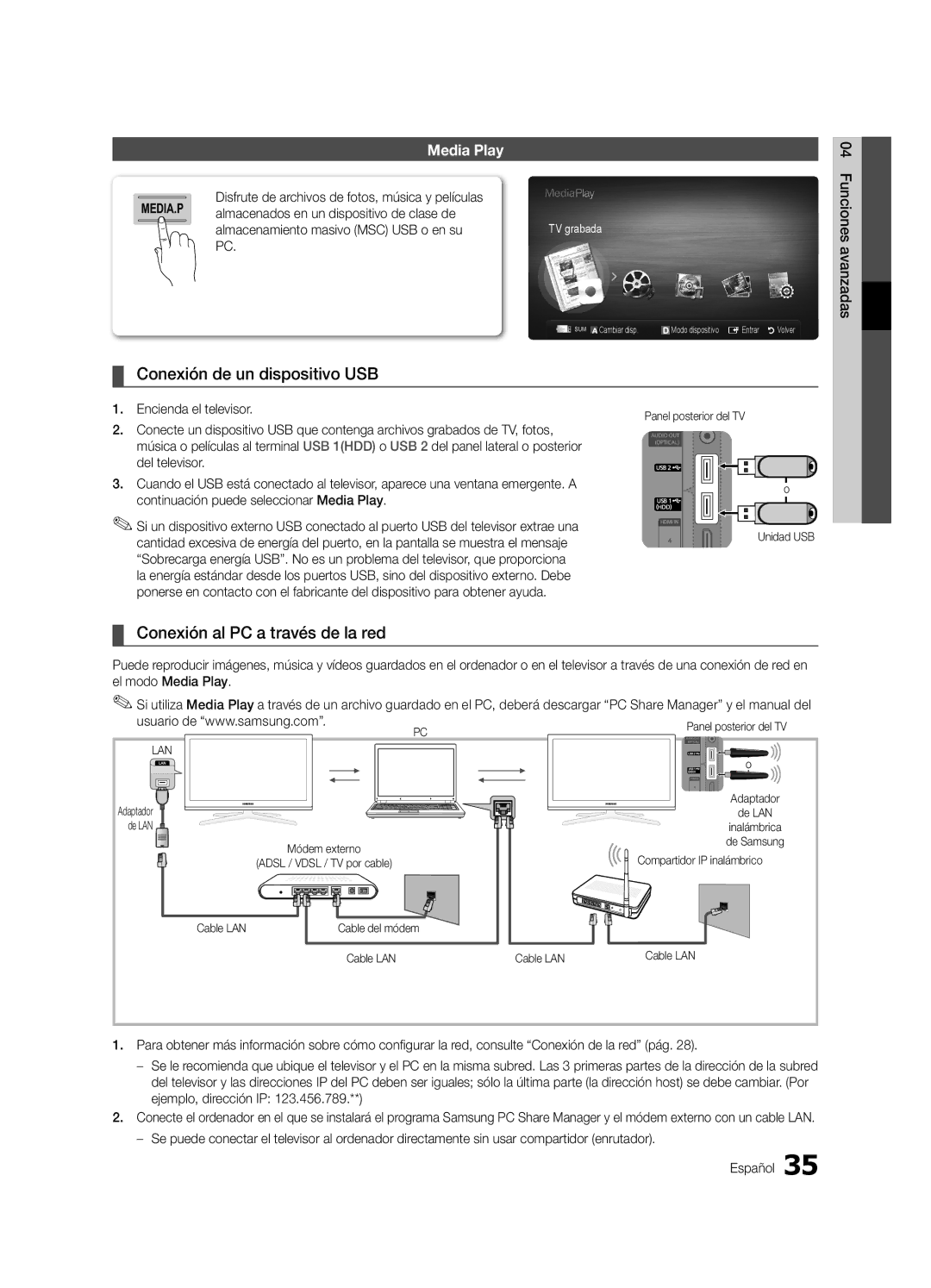 Samsung UE65C8000XWXXC Conexión de un dispositivo USB, Conexión al PC a través de la red, Funciones avanzadas, TV grabada 