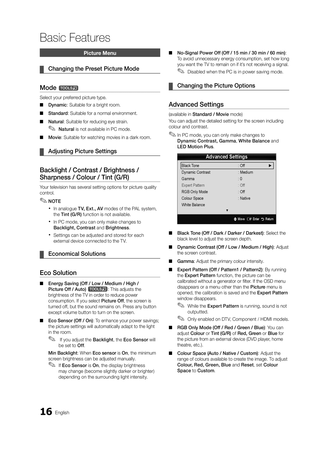 Samsung UE65C8000XWXXH, UE65C8000XWXXC manual Mode t, Eco Solution, Advanced Settings 