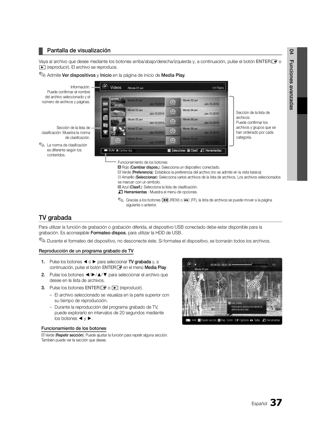 Samsung UE65C8000XWXXC, UE65C8000XWXXH manual TV grabada, Pantalla de visualización, Información, Vídeos 