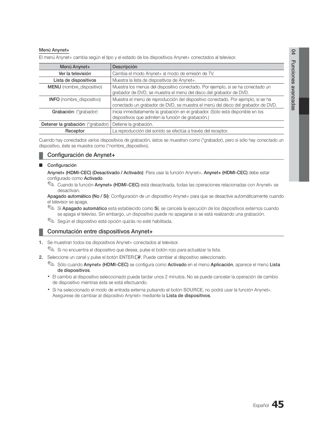 Samsung UE65C8000XWXXC, UE65C8000XWXXH manual Configuración de Anynet+, Conmutación entre dispositivos Anynet+ 