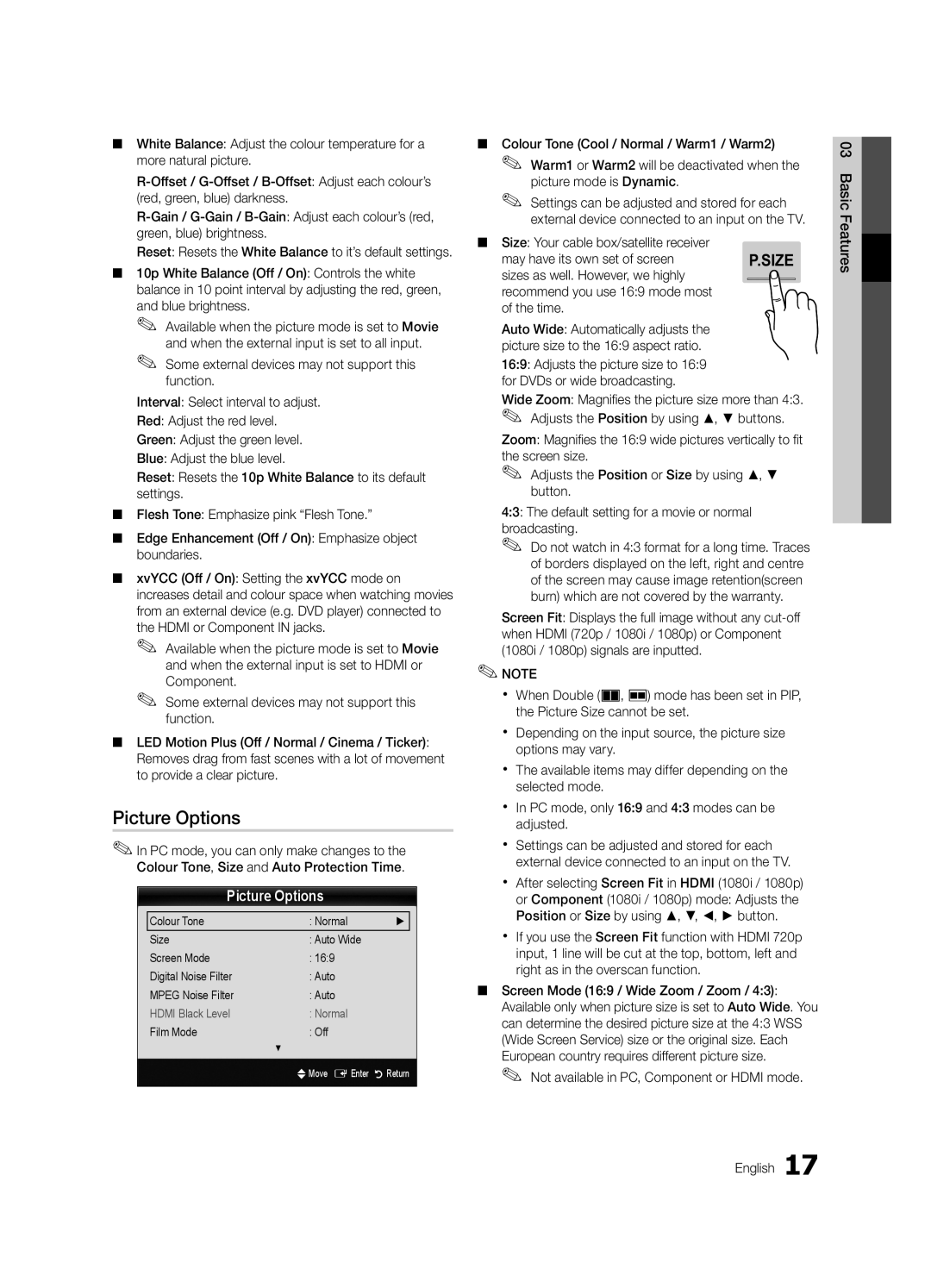 Samsung UE65C8000XWXXC manual Picture Options, Size Your cable box/satellite receiver, May have its own set of screen 