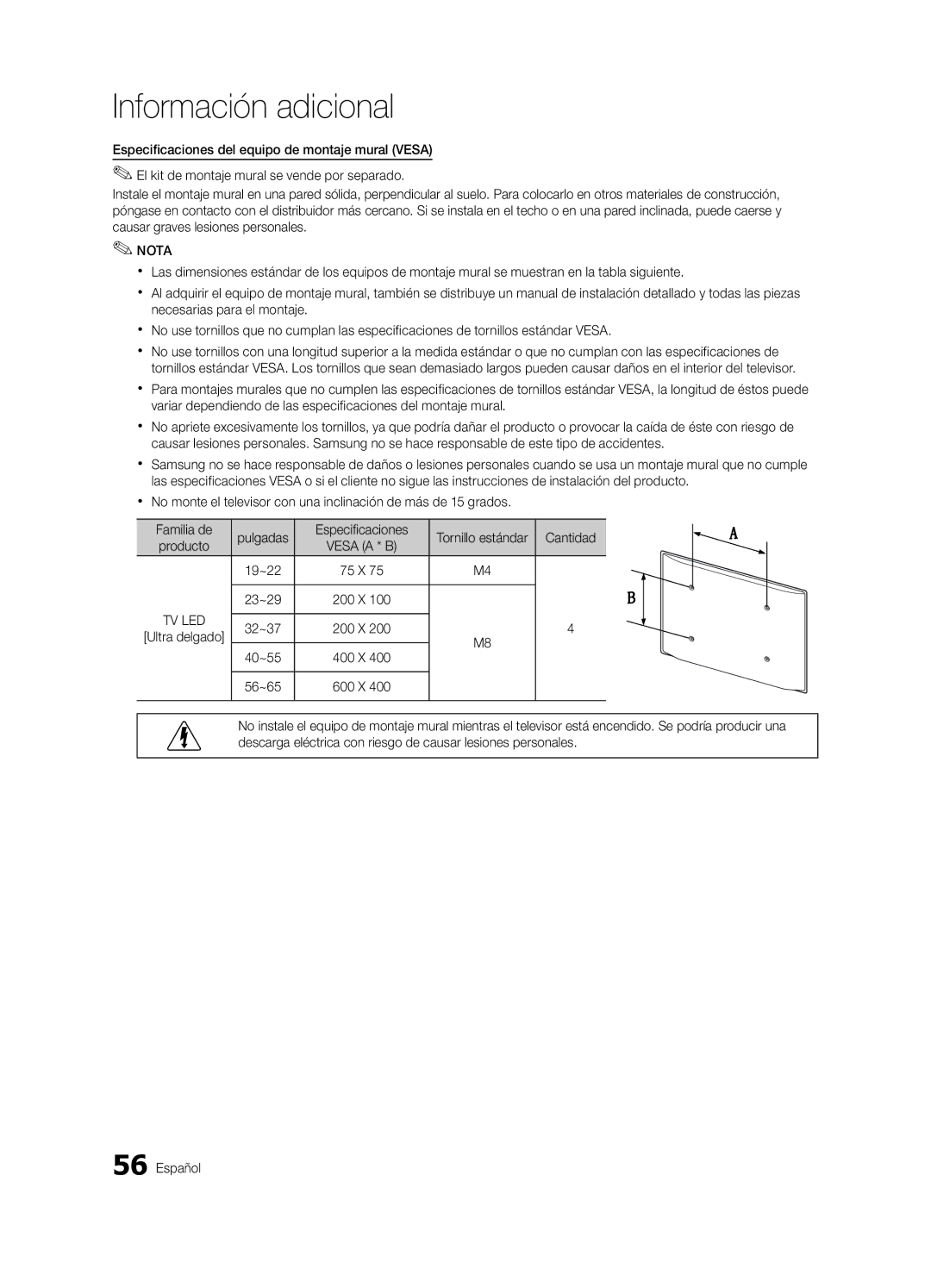 Samsung UE65C8000XWXXH, UE65C8000XWXXC manual Cantidad, Tornillo estándar, Producto Vesa a * B 19~22 75 X 23~29 200 X 