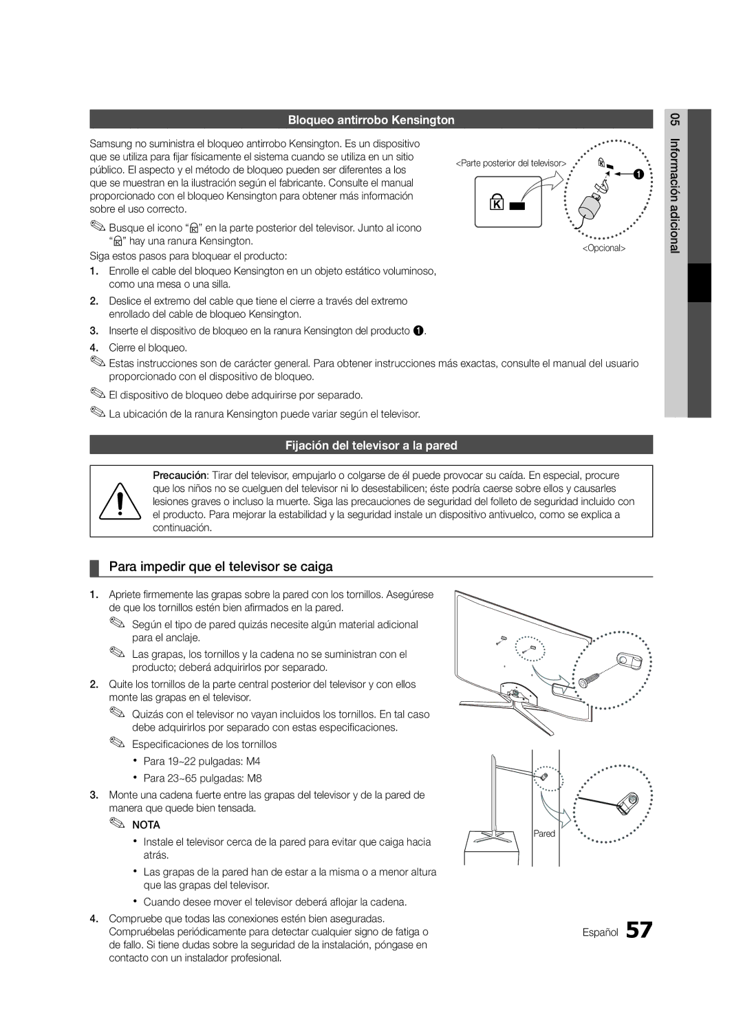 Samsung UE65C8000XWXXC, UE65C8000XWXXH manual Para impedir que el televisor se caiga, Bloqueo antirrobo Kensington, Opcional 