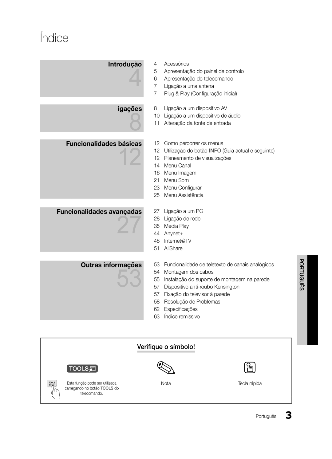 Samsung UE65C8000XWXXC, UE65C8000XWXXH manual Índice, Verifique o símbolo, Tecla rápida 