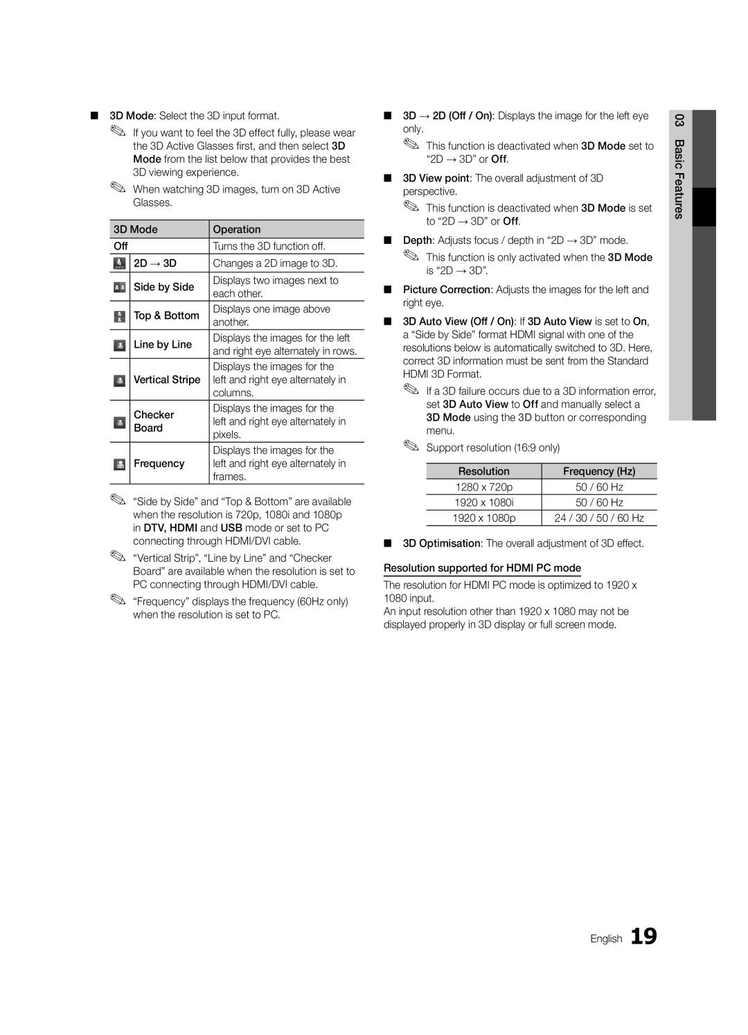 Samsung UE65C8000XWXXC manual Displays the images for, 60 Hz, Basic Features English, Right eye alternately in rows 