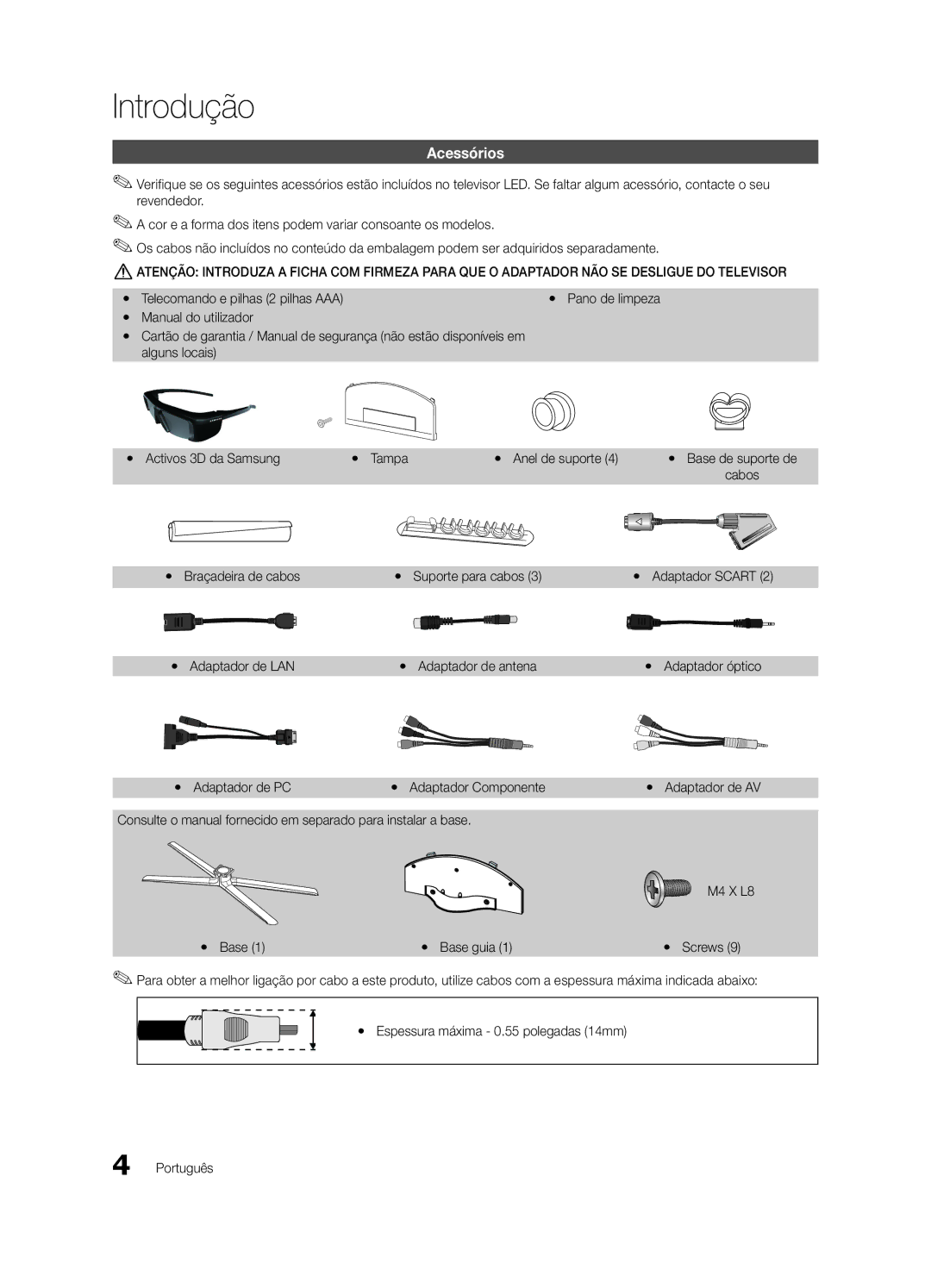 Samsung UE65C8000XWXXH, UE65C8000XWXXC manual Introdução, Acessórios, Yy Adaptador de LAN Yy Adaptador de antena 