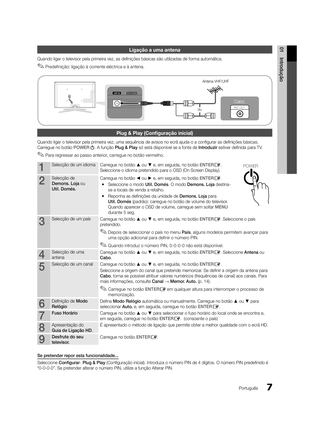 Samsung UE65C8000XWXXC, UE65C8000XWXXH manual Ligação a uma antena, Plug & Play Configuração inicial 