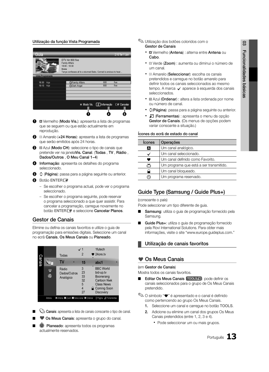 Samsung UE65C8000XWXXC, UE65C8000XWXXH manual Gestor de Canais, Os Meus Canais, Utilização de canais favoritos 