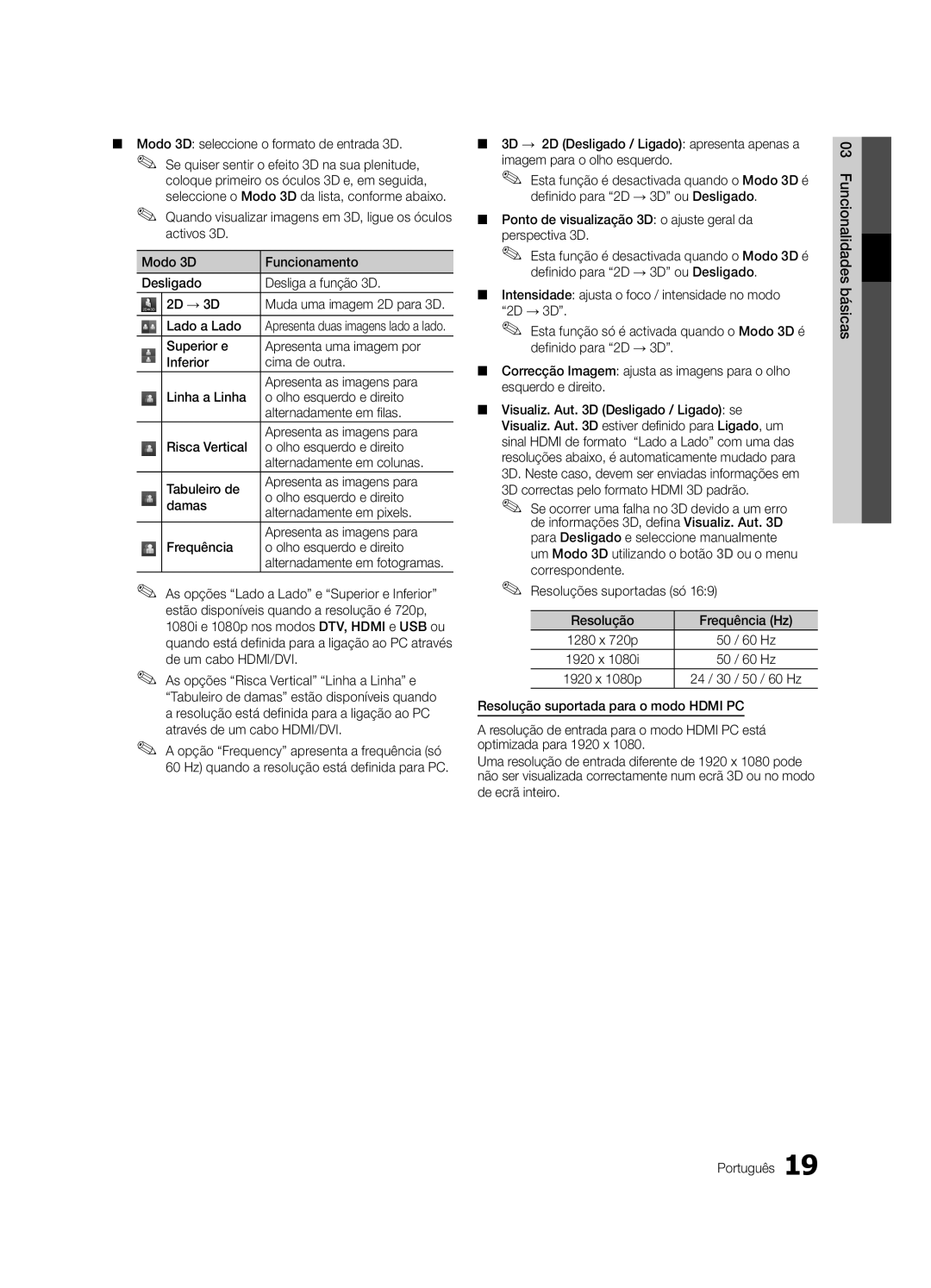 Samsung UE65C8000XWXXC Modo 3D seleccione o formato de entrada 3D, De ecrã inteiro Básicas 03 Funcionalidades Português 