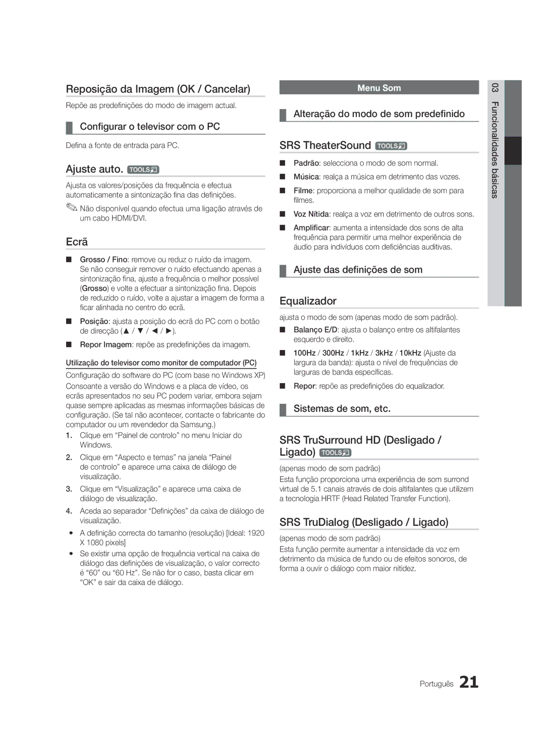 Samsung UE65C8000XWXXC, UE65C8000XWXXH manual Reposição da Imagem OK / Cancelar, Ajuste auto. t, Ecrã, Equalizador 