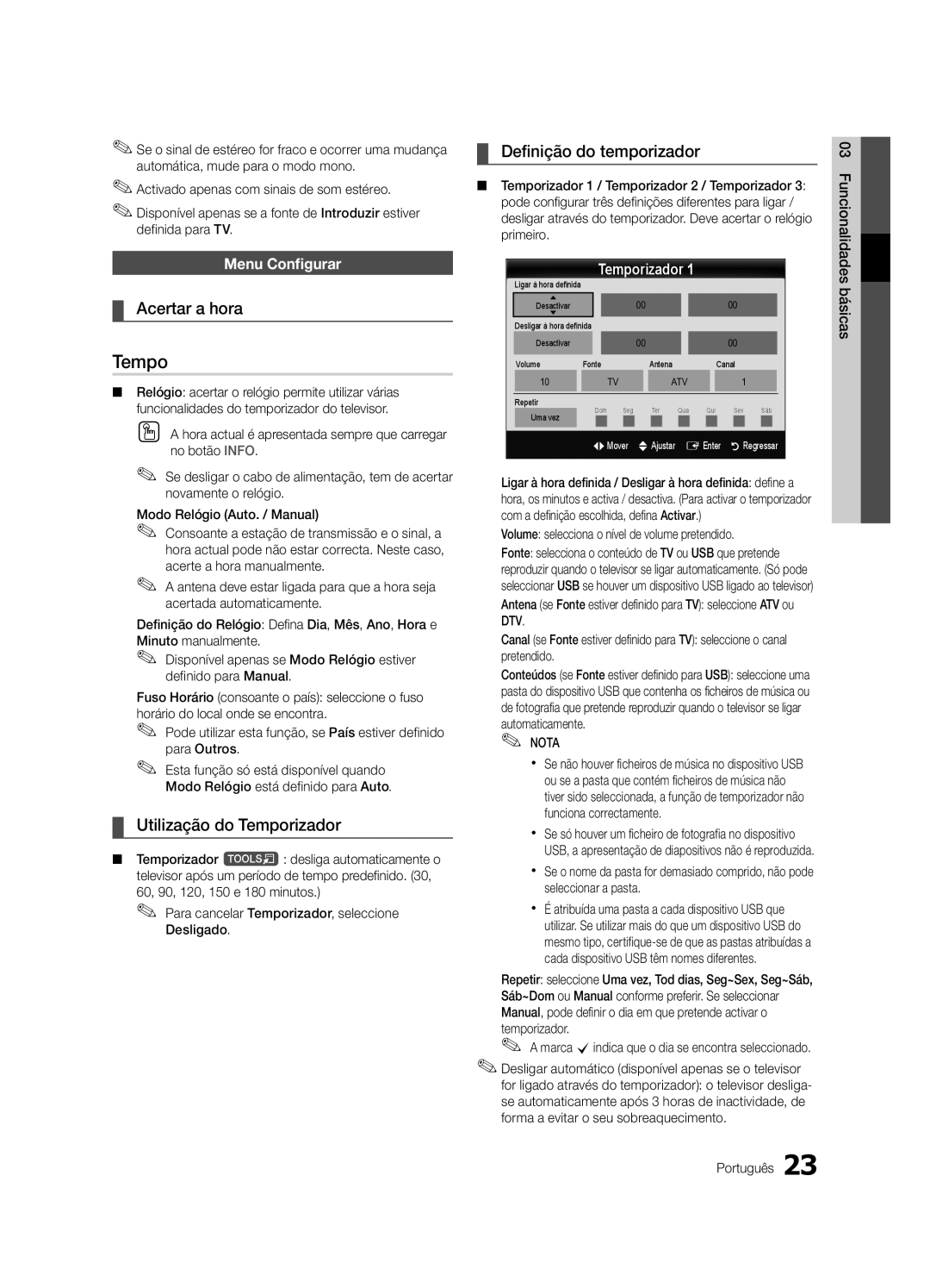 Samsung UE65C8000XWXXC manual Acertar a hora, Utilização do Temporizador, Definição do temporizador, Menu Configurar 