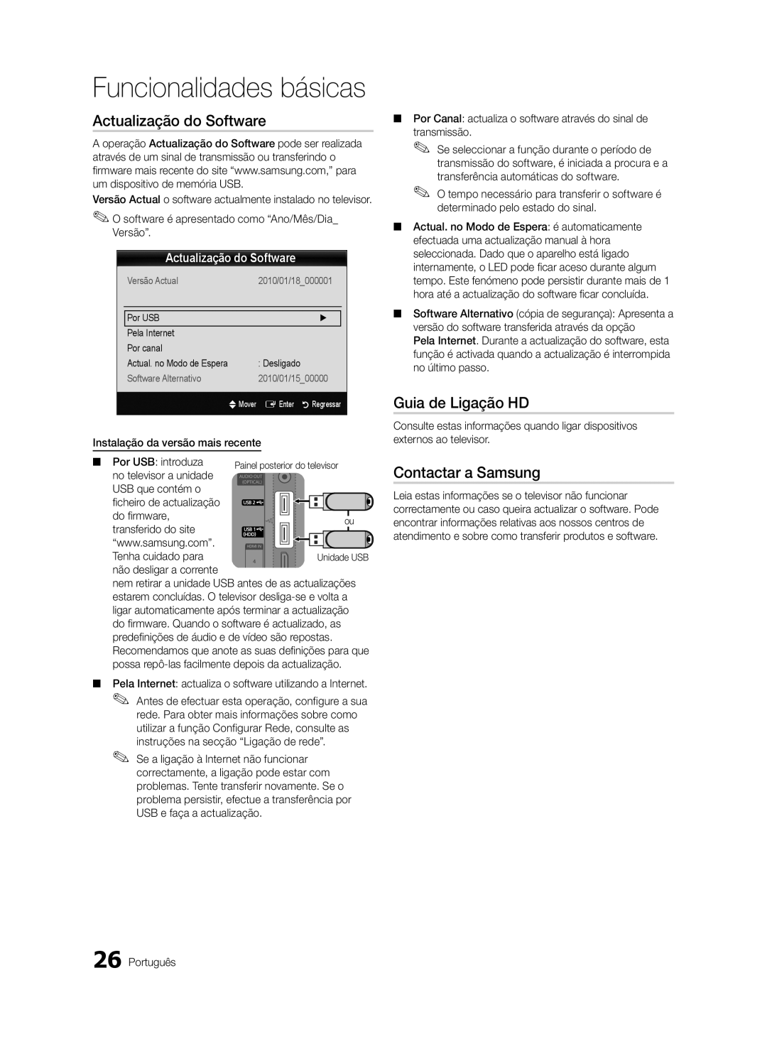 Samsung UE65C8000XWXXH, UE65C8000XWXXC manual Actualização do Software, Guia de Ligação HD, Contactar a Samsung 