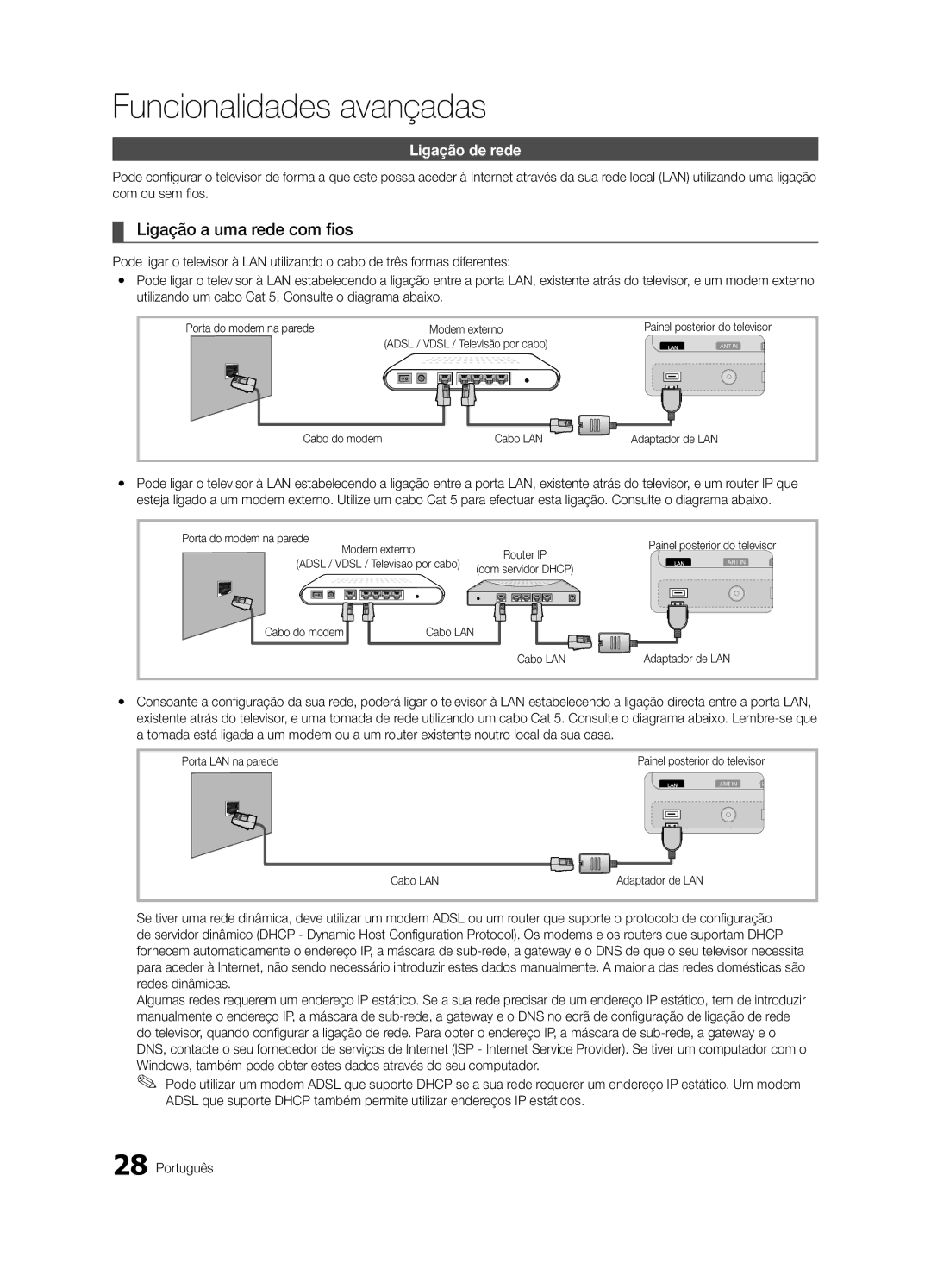 Samsung UE65C8000XWXXH, UE65C8000XWXXC manual Ligação a uma rede com fios, Ligação de rede 