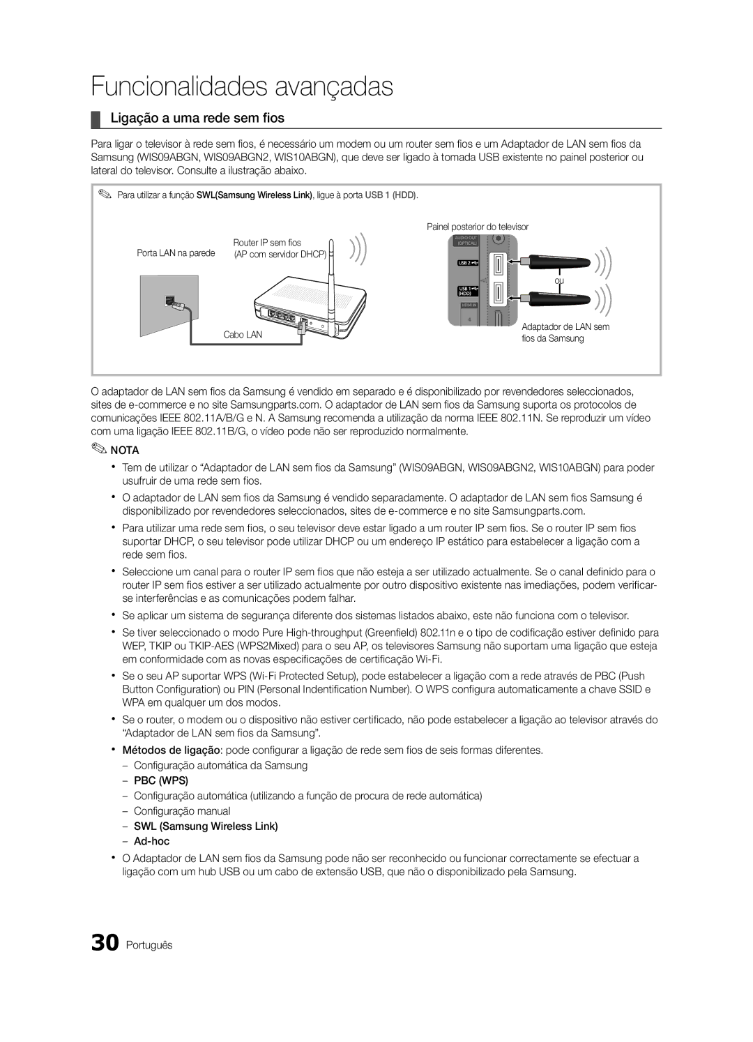 Samsung UE65C8000XWXXH Ligação a uma rede sem fios, Router IP sem fios AP com servidor Dhcp Cabo LAN, Fios da Samsung 