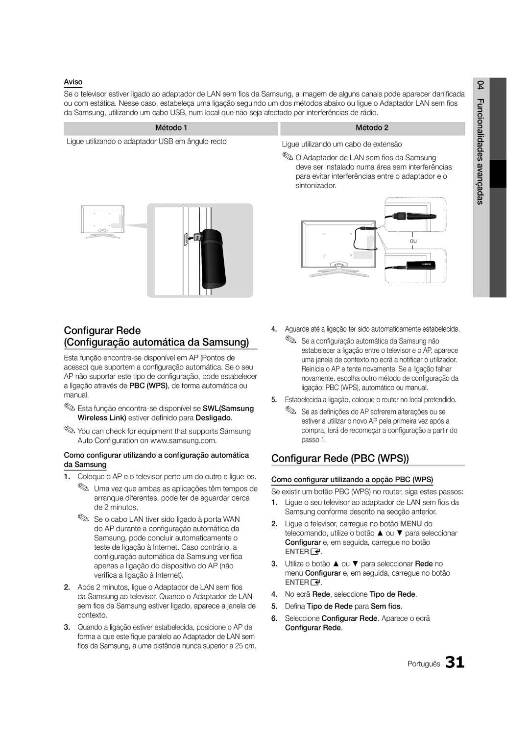 Samsung UE65C8000XWXXC, UE65C8000XWXXH manual Configurar Rede Configuração automática da Samsung, Configurar Rede PBC WPS 