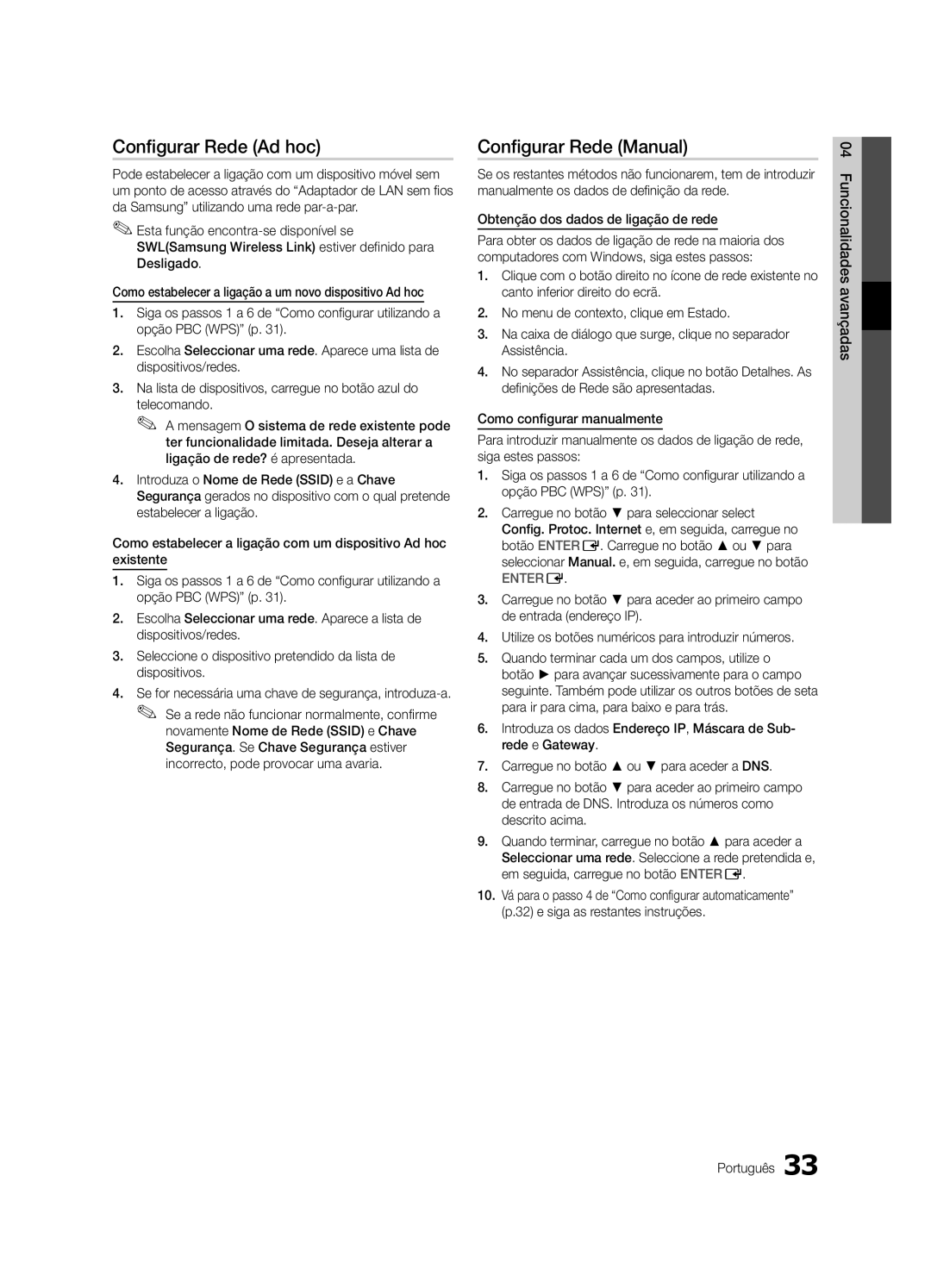 Samsung UE65C8000XWXXC, UE65C8000XWXXH manual Configurar Rede Ad hoc, Avançadas 04 Funcionalidades Português 