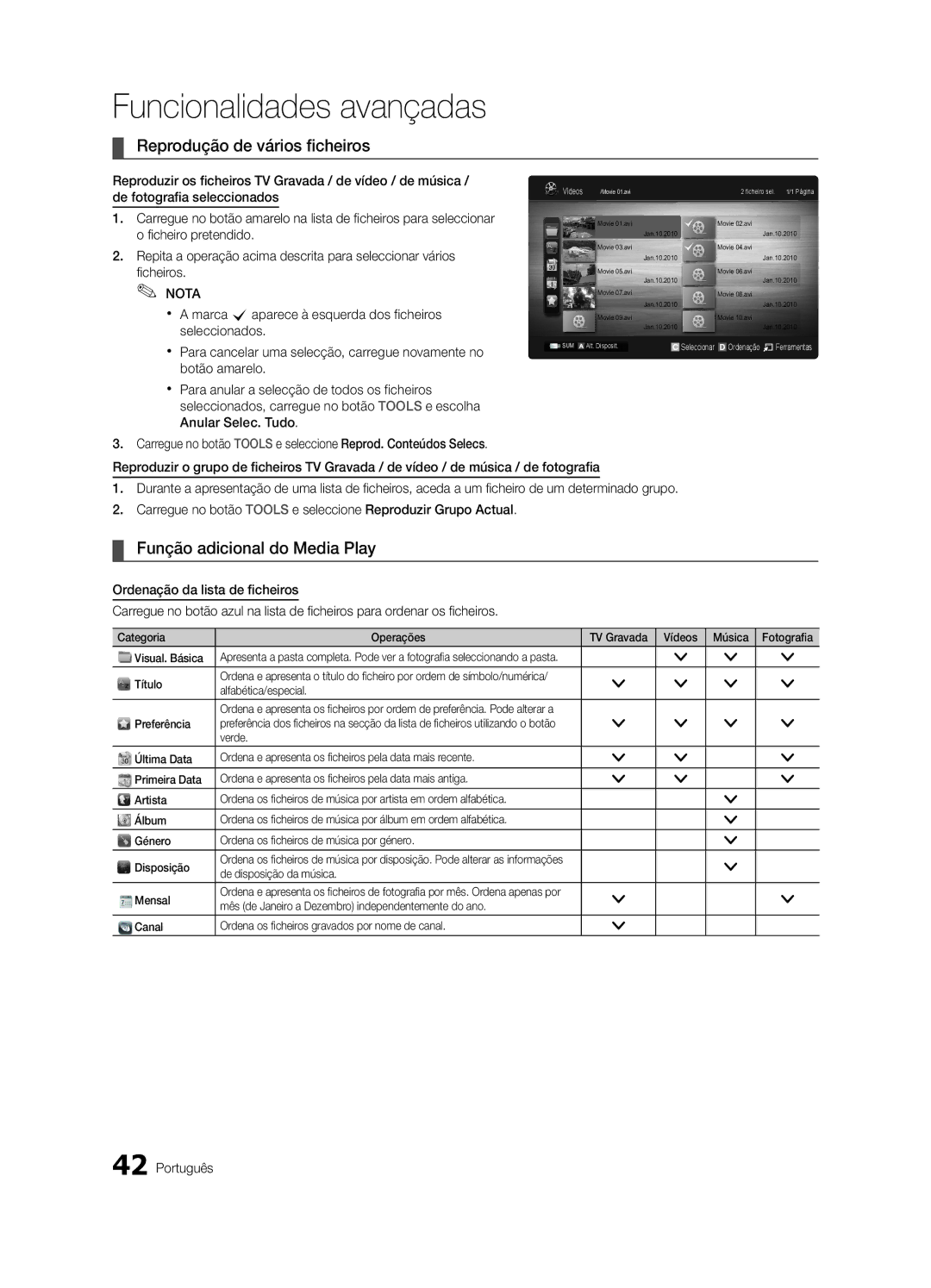 Samsung UE65C8000XWXXH, UE65C8000XWXXC manual Reprodução de vários ficheiros, Função adicional do Media Play 