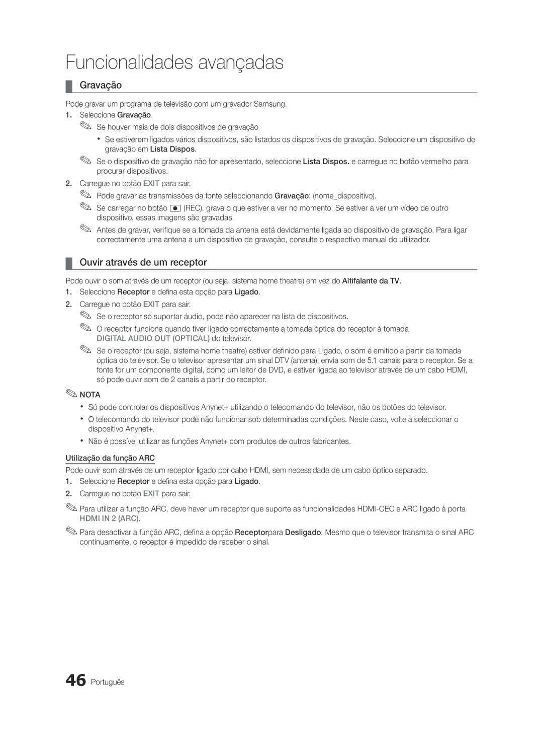 Samsung UE65C8000XWXXH, UE65C8000XWXXC manual Gravação, Ouvir através de um receptor 