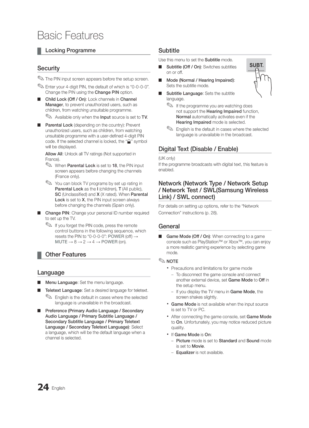 Samsung UE65C8000XWXXH, UE65C8000XWXXC Security, Other Features Language, Subtitle, Digital Text Disable / Enable, General 