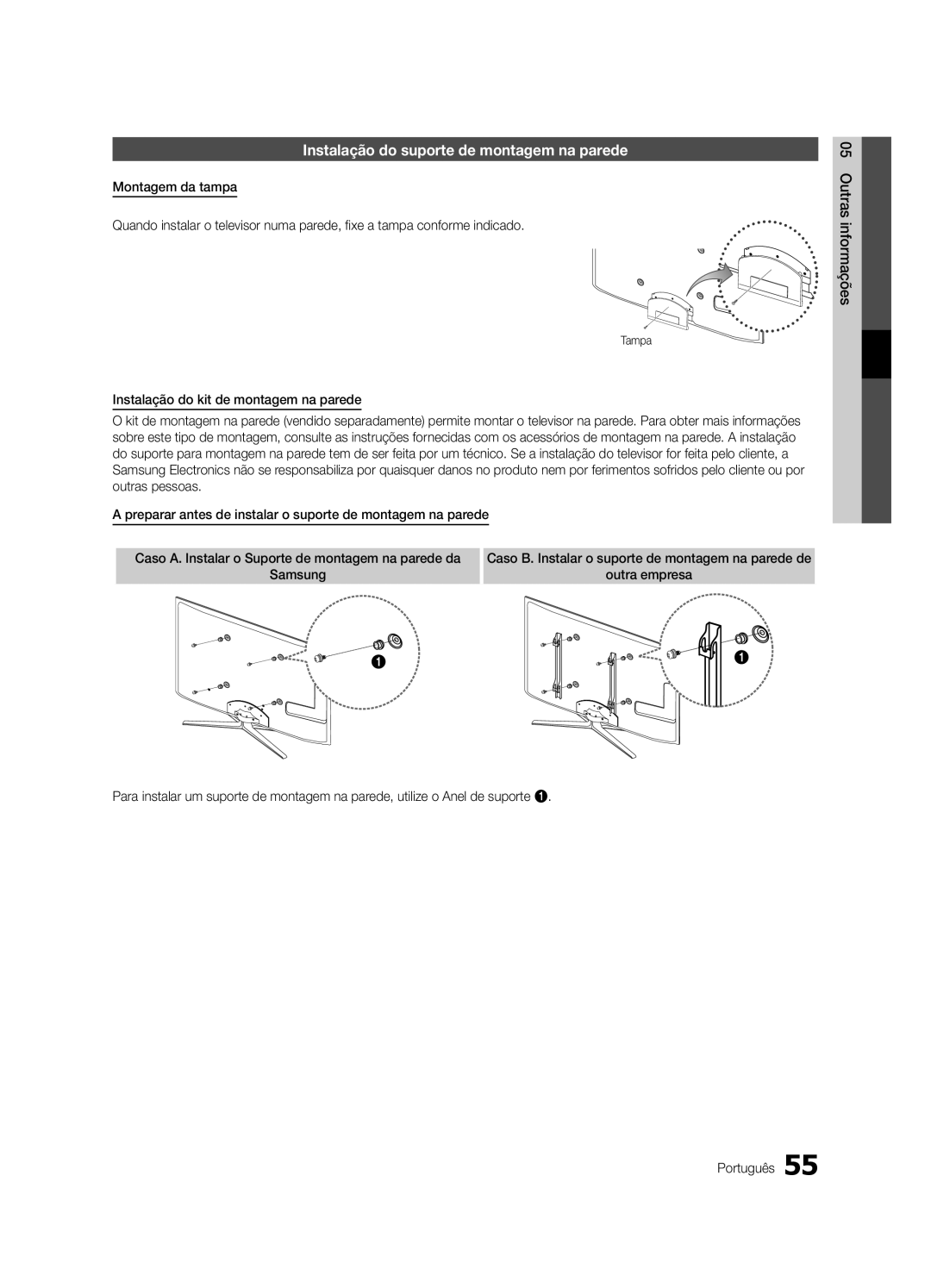 Samsung UE65C8000XWXXC, UE65C8000XWXXH manual Instalação do suporte de montagem na parede, Tampa 