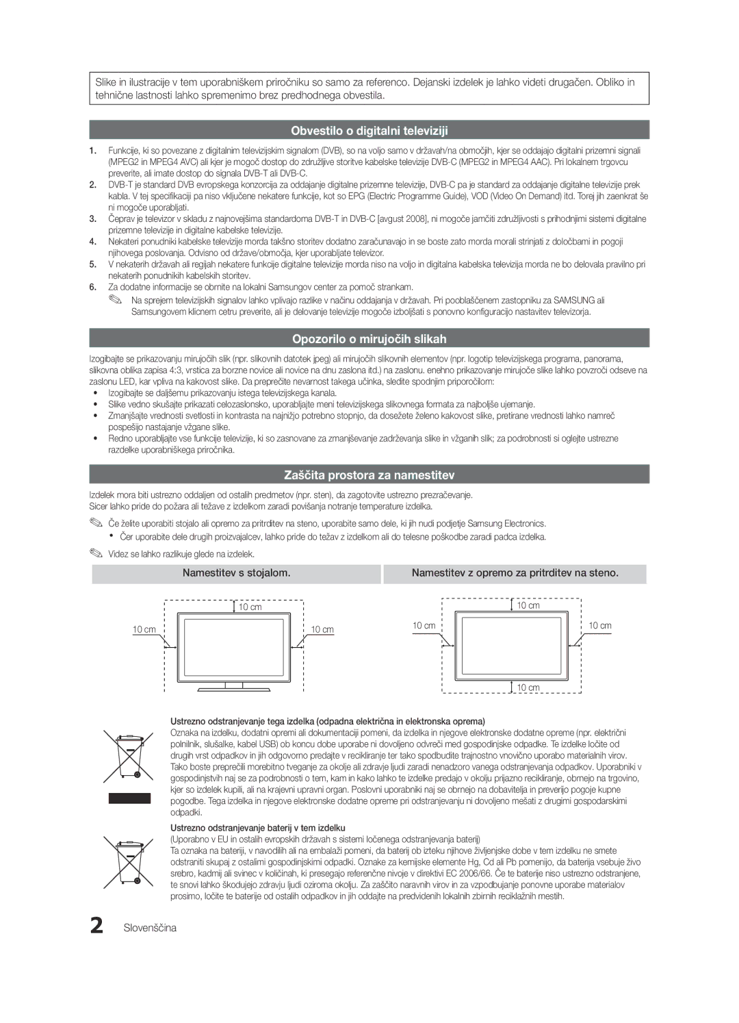 Samsung UE65C8000XWXXH Zaščita prostora za namestitev, Namestitev s stojalom, Namestitev z opremo za pritrditev na steno 