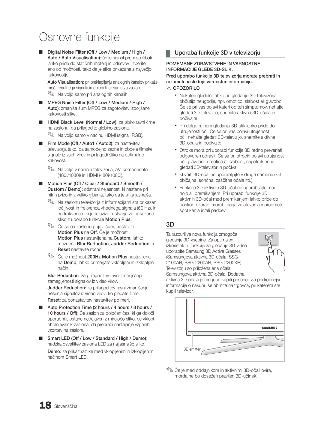 Samsung UE65C8000XWXXH Uporaba funkcije 3D v televizorju, Pomembne Zdravstvene in Varnostne Informacije Glede 3D-SLIK 