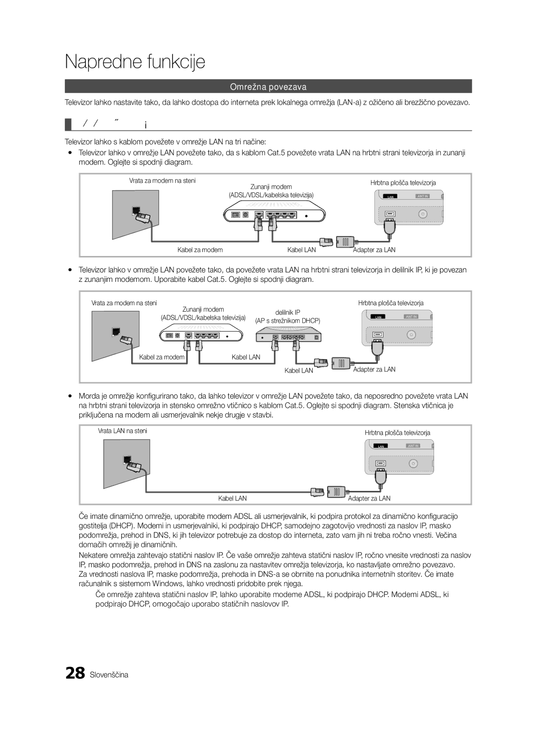 Samsung UE65C8000XWXXH manual Povezava z ožičenim omrežjem, Omrežna povezava, Vrata za modem na steni, Vrata LAN na steni 