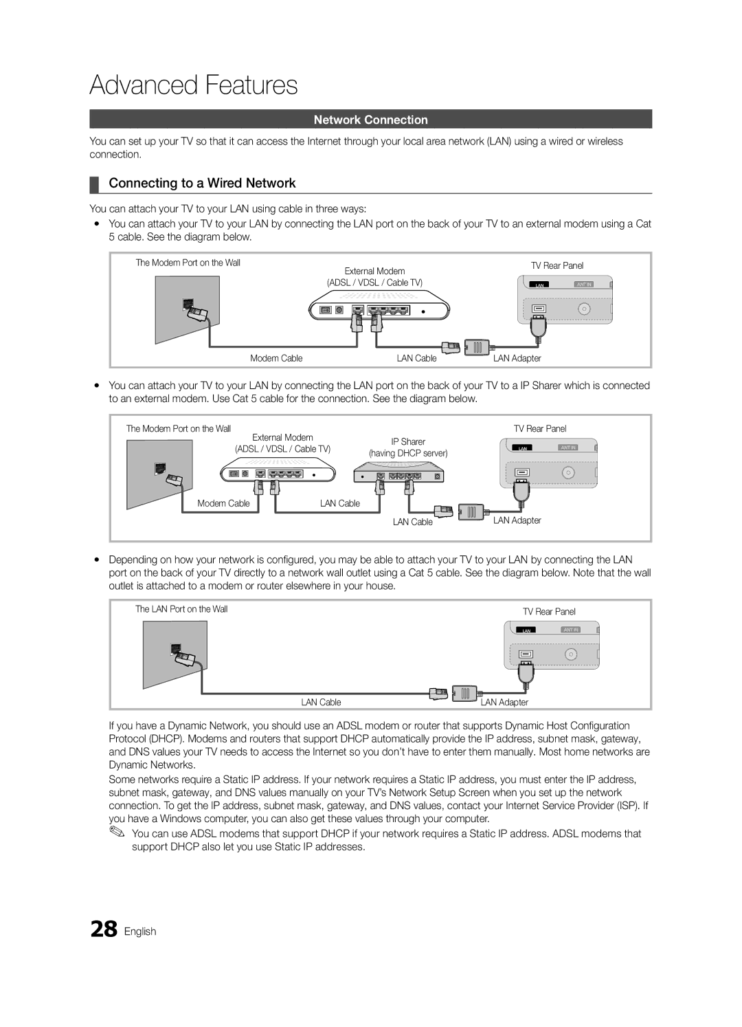 Samsung UE65C8000XWXXH, UE65C8000XWXXC manual Connecting to a Wired Network, Network Connection 