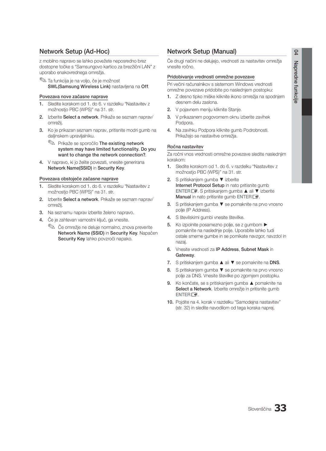 Samsung UE65C8000XWXXC, UE65C8000XWXXH manual Network Setup Ad-Hoc, Funkcije04 Napredne Slovenščina 