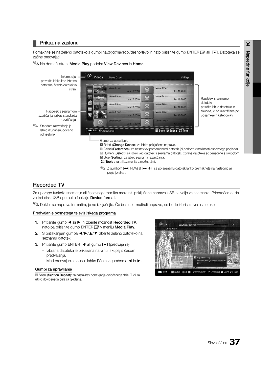 Samsung UE65C8000XWXXC, UE65C8000XWXXH manual Prikaz na zaslonu, Razdelek s seznamom datotek 