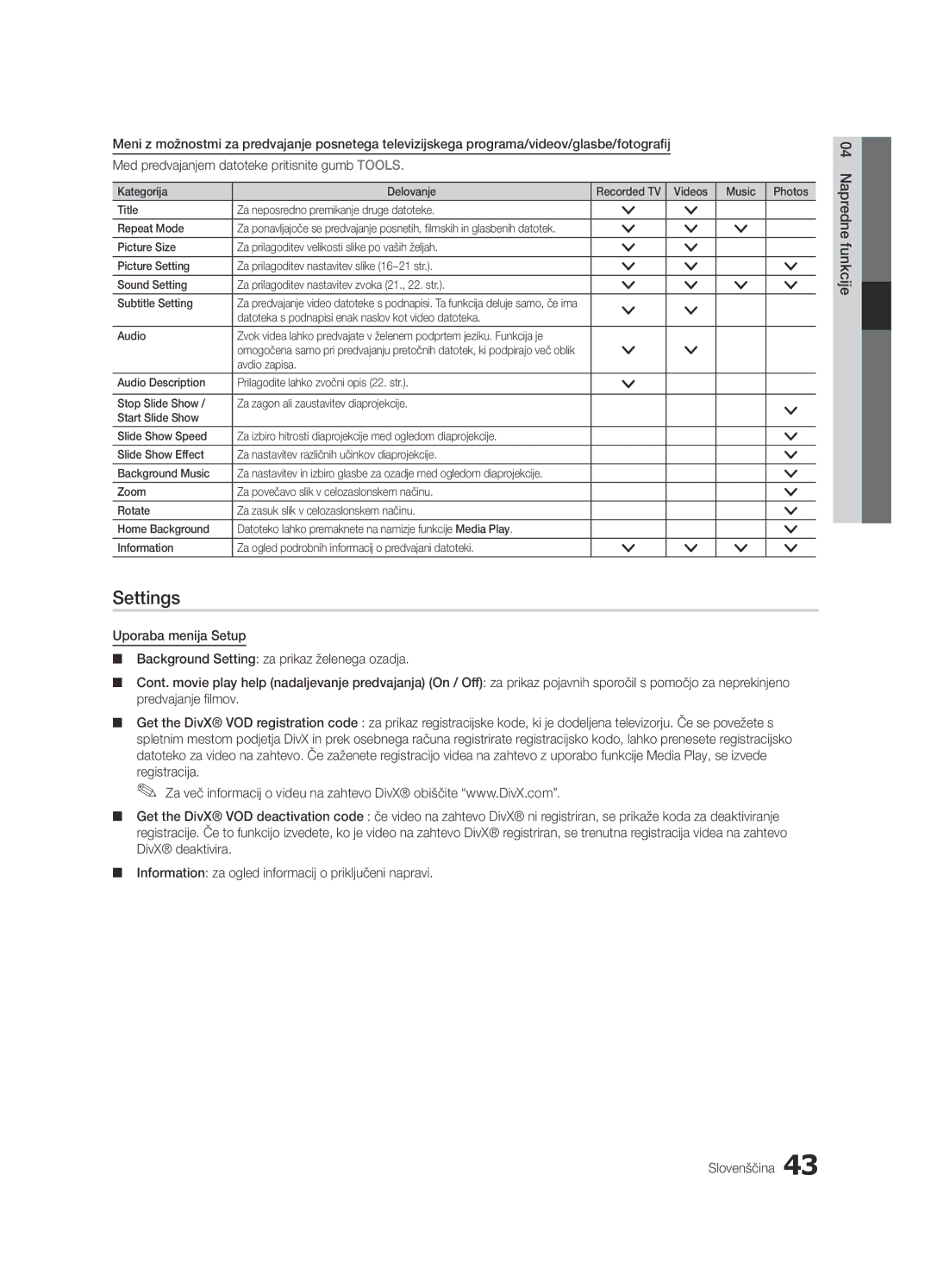 Samsung UE65C8000XWXXC, UE65C8000XWXXH manual Settings, Datoteka s podnapisi enak naslov kot video datoteka Audio 