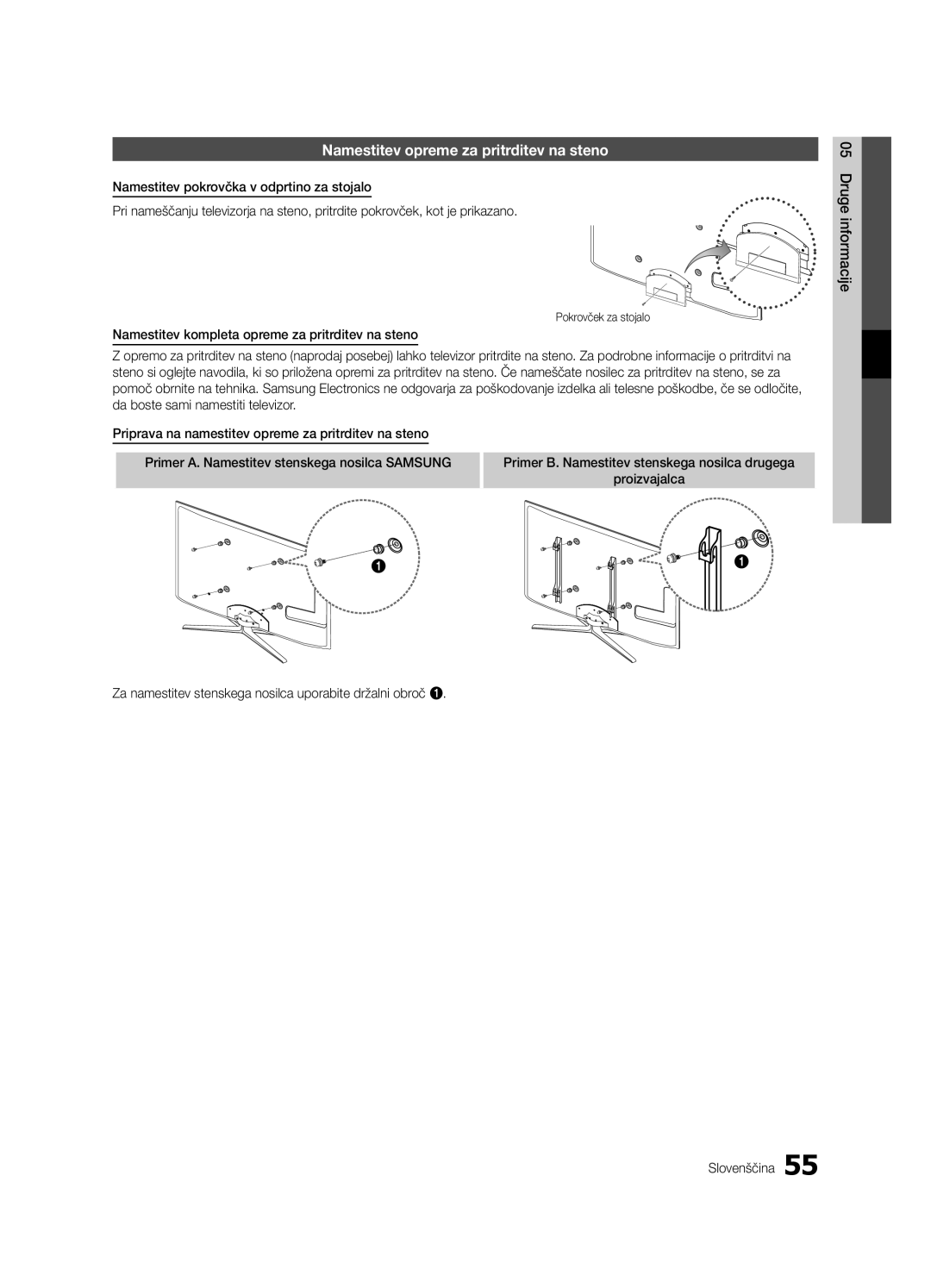 Samsung UE65C8000XWXXC, UE65C8000XWXXH manual Namestitev opreme za pritrditev na steno, Pokrovček za stojalo, Proizvajalca 