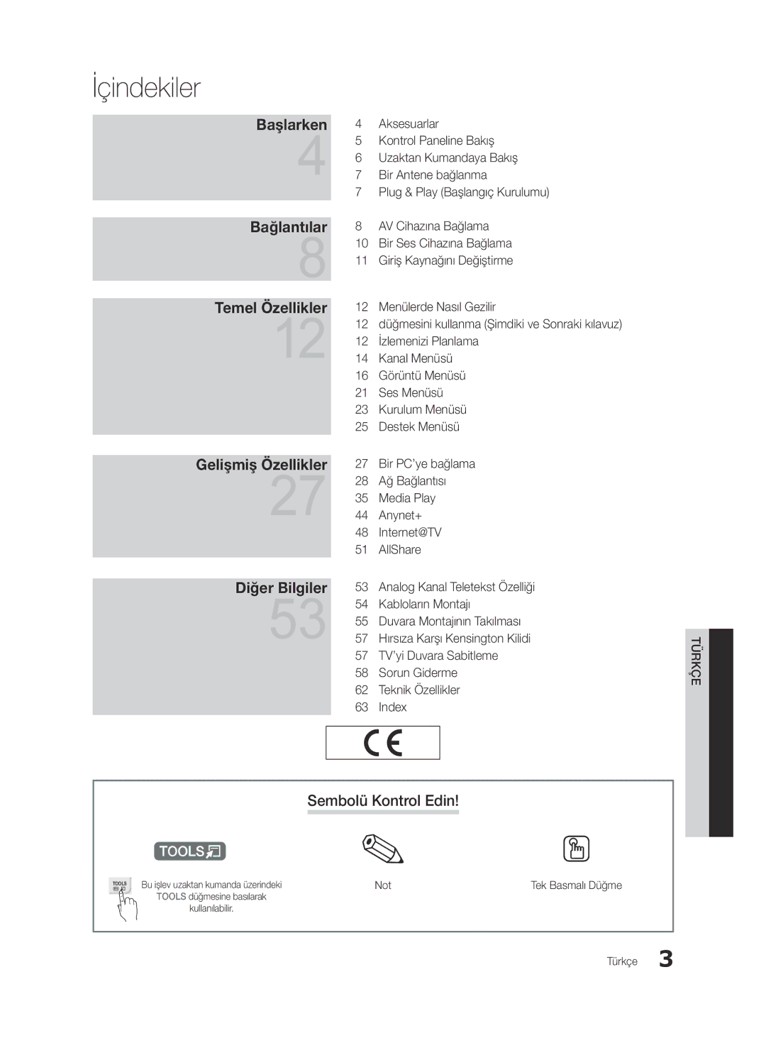 Samsung UE65C8000XWXXC, UE65C8000XWXXH manual İçindekiler, Sembolü Kontrol Edin 