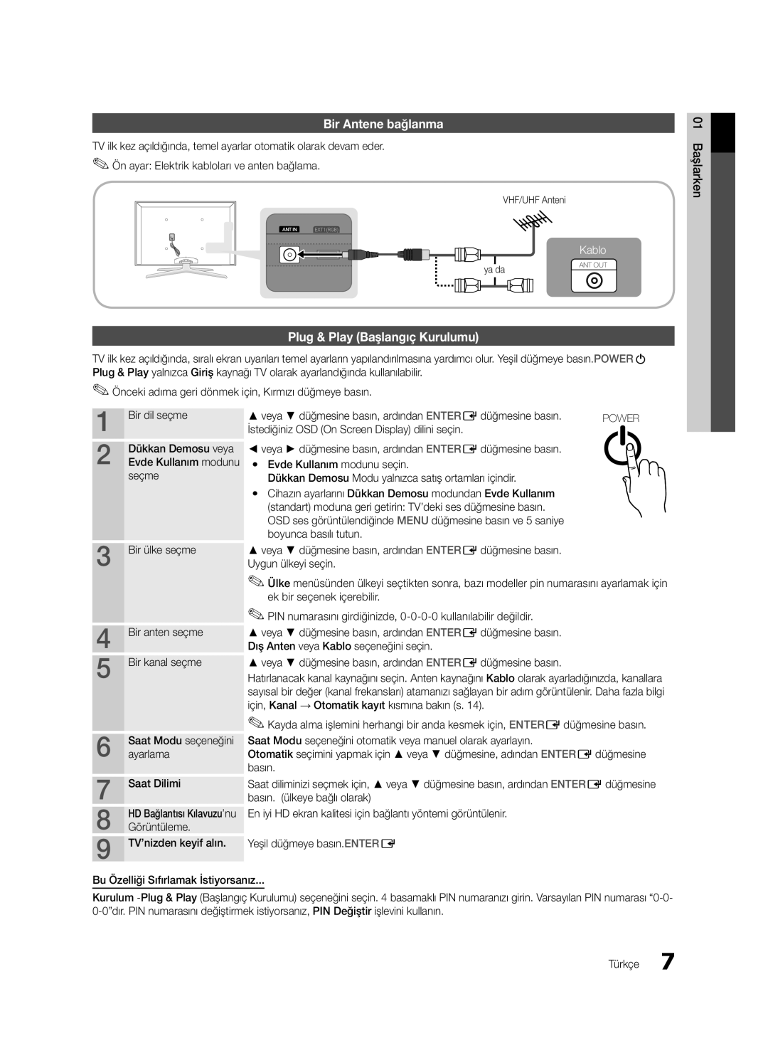 Samsung UE65C8000XWXXC, UE65C8000XWXXH Bir Antene bağlanma, Plug & Play Başlangıç Kurulumu, Basın. ülkeye bağlı olarak 